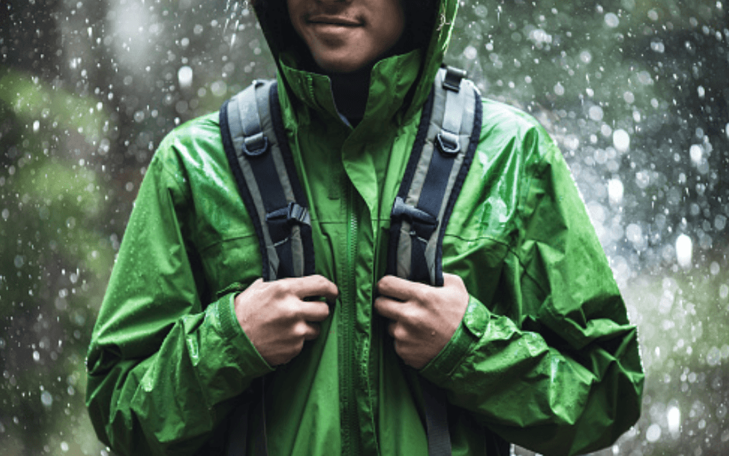 This image shows camping clothing protecting against rain outdoors.