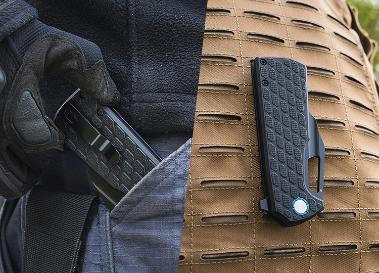 This picture shows a folding knife with a pocket clip or clipped to a backpack.