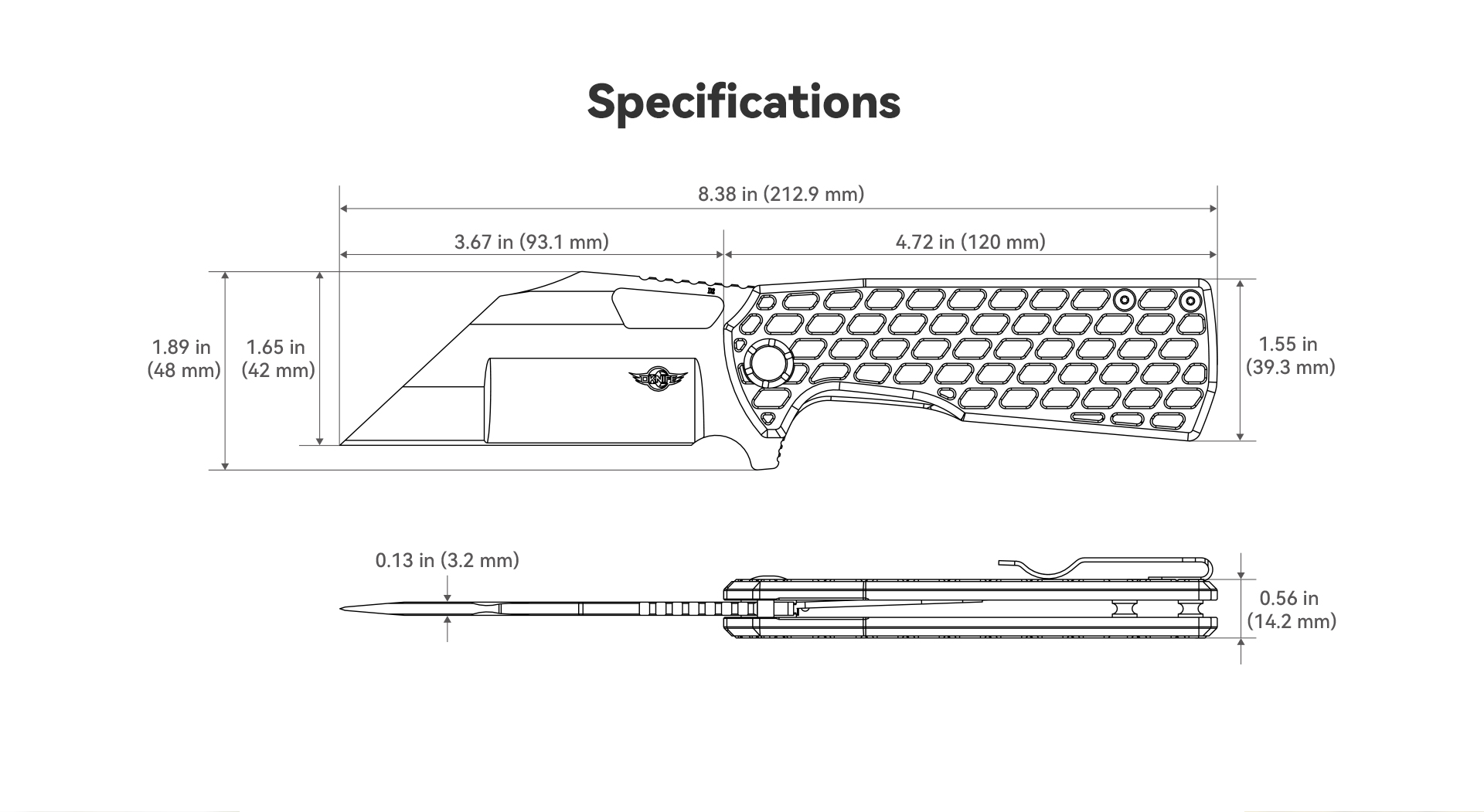 This image shows the dimensions of the Oknife Heron L1 folding knife.
