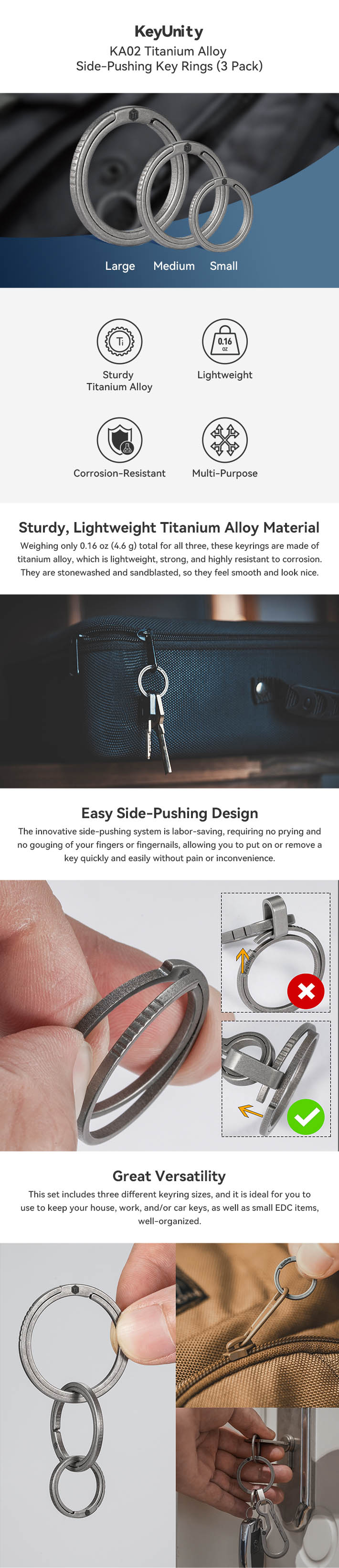 KeyUnity Key Rings, 3 Pack Titanium Split Side Pushing Key Rings for Key Carabiner Flashlight Knife Dog Tag Ring (0.75''), Adult Unisex, Size: Key