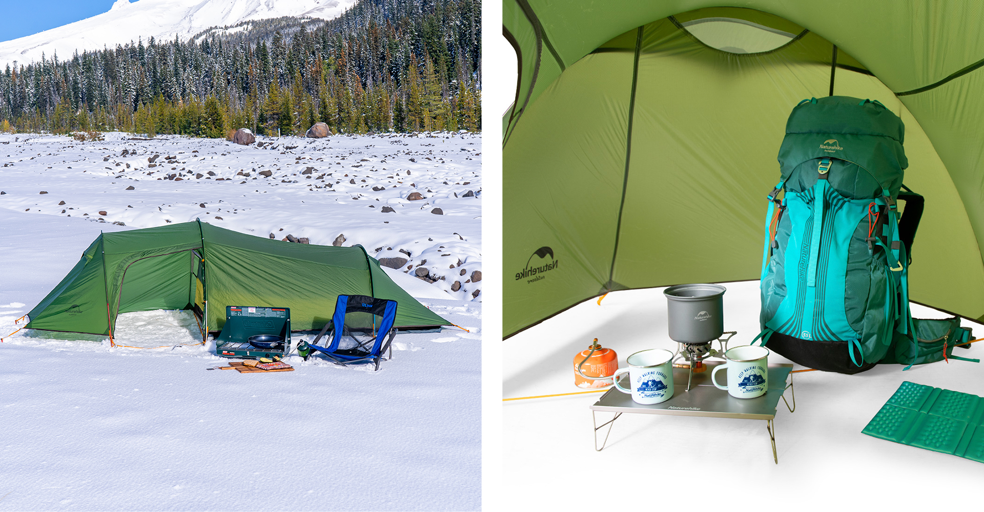 This image shows using a tunnel tent while winter camping