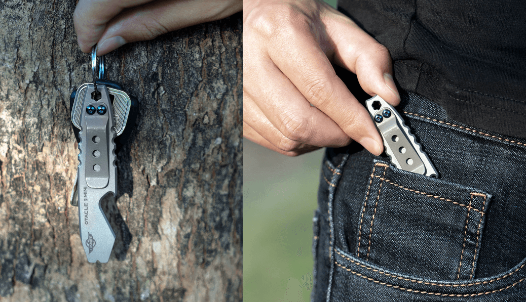 This picture shows the different uses of the pry bar, such as keychain and pocket carry.