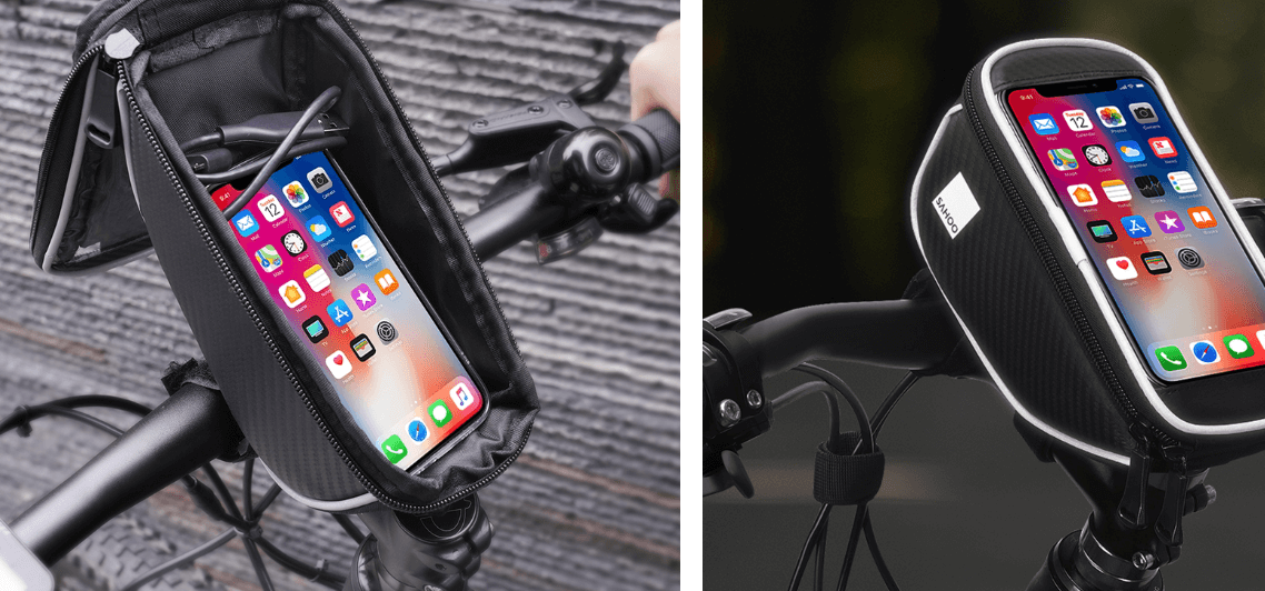 This picture shows the handlebar bag where you can put your phone.